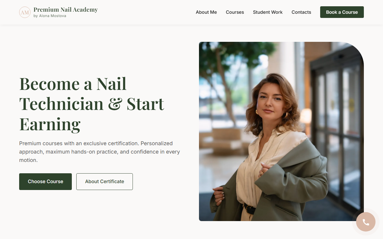 Nail Academy by Alona Mostova responsive beauty education website mockup